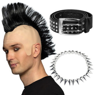 Boland Carnaval verkleed setje heren punker - hanekam pruik - spikes ketting - riem met studs