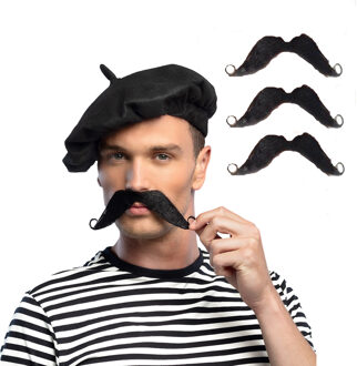 Boland Carnaval verkleed snorren - 4x - fransman - met krullen - zwart - zelfklevende namaak snor