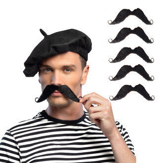 Boland Carnaval verkleed snorren - 6x - fransman - met krullen - zwart - zelfklevende namaak snor