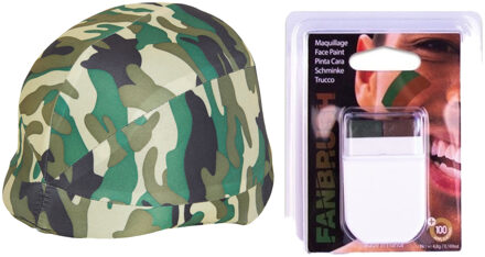 Boland Carnaval verkleed soldaten/leger set - camouflage print helm - make-up stick - bruin/groen