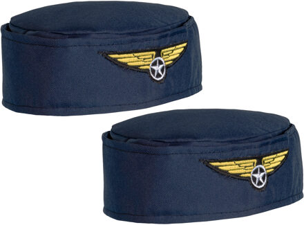Boland Carnaval verkleed Stewardessen hoedje - 2x - blauw/goud - voor dames - Luchtvaart thema