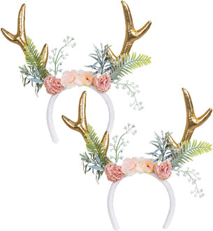 Boland Carnaval verkleed Tiara/diadeem - 2x - hert/rendier gewei - dames/meisjes - Fantasy/elfjes thema