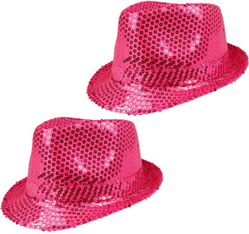 Boland Carnaval verkleed trilby hoedje - 2x - pailletten - Roze - volwassenen - Glitter and Glamour