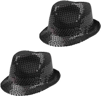 Boland Carnaval verkleed trilby hoedje - 2x - pailletten - Zwart - volwassenen - Glitter and Glamour