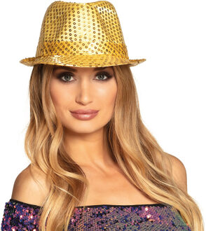 Boland Carnaval verkleed trilby hoedje met gouden pailletten Goudkleurig
