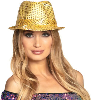 Boland Carnaval verkleed trilby hoedje - pailletten - Goud - volwassenen - Glitter and Glamour