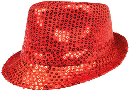 Boland Carnaval verkleed trilby hoedje - pailletten - Rood - volwassenen - Glitter and Glamour