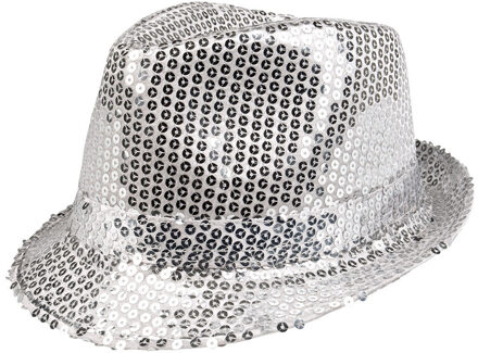 Boland Carnaval verkleed trilby hoedje - pailletten - Zilver - volwassenen - Glitter and Glamour