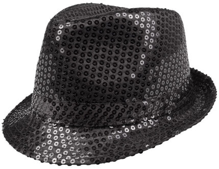 Boland Carnaval verkleed trilby hoedje - pailletten - Zwart - volwassenen - Glitter and Glamour