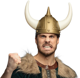 Boland Carnaval verkleed Viking helm - goud/wit - met grote hoorns - kunststof - heren
