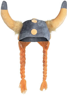 Boland Carnaval verkleed Viking helm - grijs/geel - met hoorns - polyester - heren - met vlechten