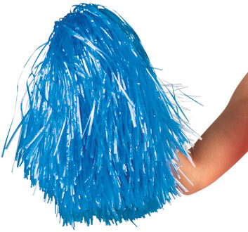 Boland Cheerballs/pompoms - 1x - blauw - met franjes en ring handgreep - 28 cm