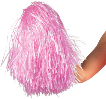 Boland Cheerballs/pompoms - 1x - roze - met franjes en ring handgreep - 28 cm