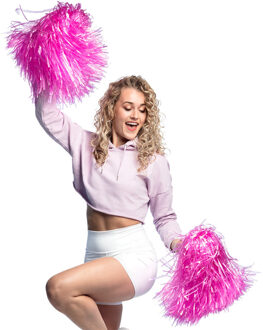 Boland Cheerballs/pompoms - 2x - roze - met franjes en ring handgreep - 28 cm