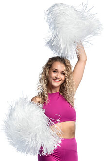 Boland Cheerballs/pompoms - 2x - wit - met franjes en ring handgreep - 28 cm