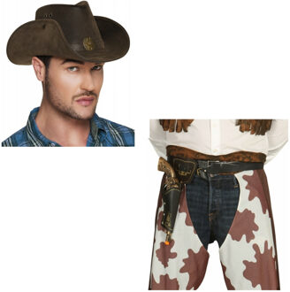 Boland Cowboy hoed bruin met revolver/pistool in holster voor volwassenen