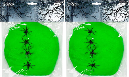 Boland Decoratie spinnenweb/spinrag met spinnen - 2x - 60 gram - lichtgroen - Halloween/horror versiering