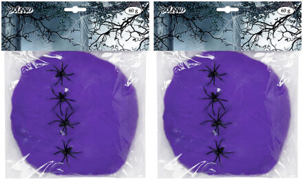 Boland Decoratie spinnenweb/spinrag met spinnen - 4x - 60 gram - paars - Halloween/horror versiering