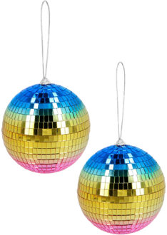Boland Disco spiegel bal - 2x - rond - regenboog - Dia 15 cm - Seventies/eighties thema versiering