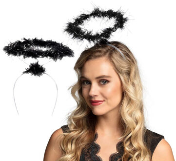 Boland Duistere engel verkleed diadeem/tiara - 2x - zwart - met halo - Horror/Halloween accessoires