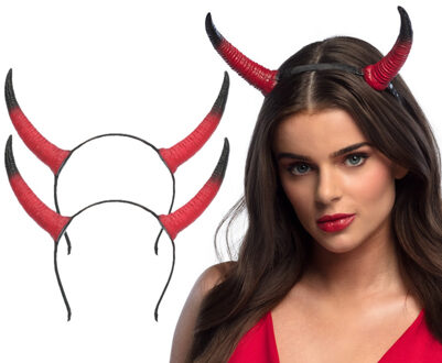 Boland Duivel hoorntjes - 2x - rood - kunststof - Halloween thema - dames - diadeem - tiara - extra lang