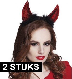 Boland Duivel hoorntjes - 2x - rood met glitters - diadeem - haarband - halloween