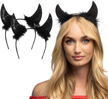 Boland Duivel hoorntjes - 2x - zwart - kunststof - Halloween thema - dames - diadeem - tiara - pailletten