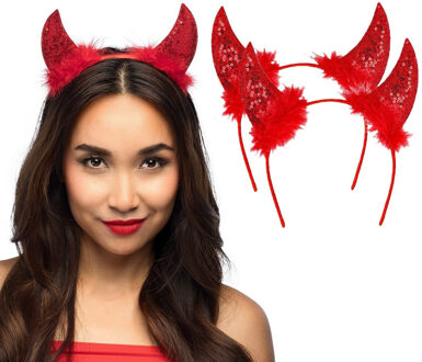 Boland Duivel hoorntjes - 4x - rood - kunststof - Halloween thema - dames - diadeem - tiara - pailletten