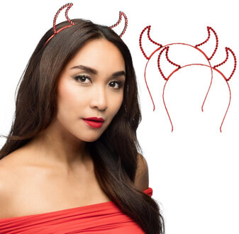Boland Duivel hoorntjes - 6x - rood - kunststof - Halloween thema - dames - diadeem - tiara - glitters