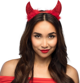 Boland Duivel hoorntjes - rood - kunststof - Halloween thema - dames - diadeem - tiara - pailletten