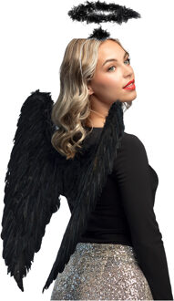 Boland Engel/duivel verkleed set vleugels en halo - zwart - verkleed vleugels 65 cm - Halloween