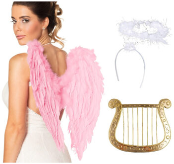 Boland Engel verkleedaccessoires set - lichtroze - engelen vleugels - 3-delig - carnaval / kerst thema