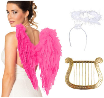 Boland Engel verkleedaccessoires set - roze - engelen vleugels - 3-delig - carnaval / kerst thema