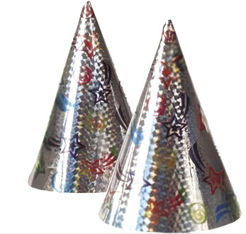 Boland Feesthoedjes punthoedjes - van karton - set 2x stuks - met elastiekje - holografisch