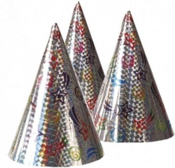 Boland Feesthoedjes punthoedjes - van karton - set 3x stuks - met elastiekje - holografisch