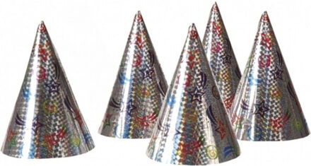Boland Feesthoedjes punthoedjes - van karton - set 5x stuks - met elastiekje - holografisch