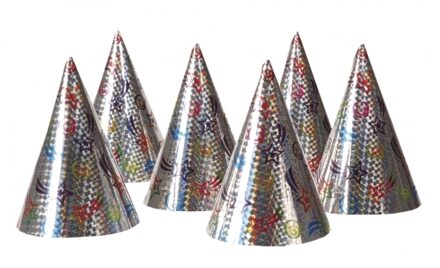 Boland Feesthoedjes/punthoedjes van karton - set 6x stuks - met elastiekje - holografisch Multi