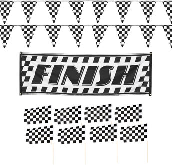 Boland Finish/racing feest thema versiering pakket 11-delig geblokt zwart/wit
