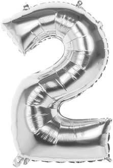 Boland folieballon cijfer 2 latex zilver 86 cm Zilverkleurig