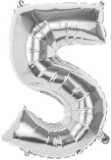 Boland folieballon cijfer 5 latex zilver 86 cm Zilverkleurig