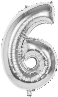 Boland folieballon cijfer 6 latex zilver 86 cm Zilverkleurig