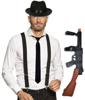 Boland Gangster verkleedkleding setje zwart - hoed - stropdas - bretels - machinegeweer - voor heren