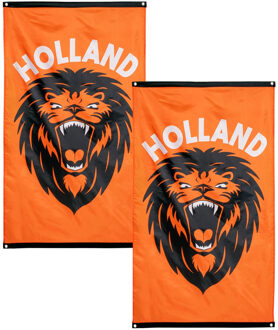 Boland Gevelvlag met brullende leeuw print - 2x - 90 x 150 cm - polyester - oranje - Nederlands team versie