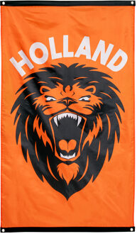 Boland Gevelvlag met brullende leeuw print - 90 x 150 cm - polyester - oranje - Nederlands team versiering