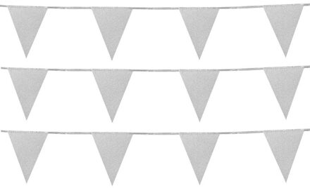 Boland glitter vlaggenlijn - 3x - zilver - 6 meter - karton - versiering - glitter and glamour thema