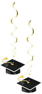 Boland Hangdecoratie swirls geslaagd thema - 2x - zwart/goud - papier - 85 cm - examenfeest versiering