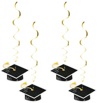 Boland Hangdecoratie swirls geslaagd thema - 4x - zwart/goud - papier - 85 cm - examenfeest versiering