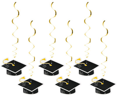 Boland Hangdecoratie swirls geslaagd thema - 6x - zwart/goud - papier - 85 cm - examenfeest versiering