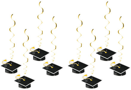 Boland Hangdecoratie swirls geslaagd thema - 8x - zwart/goud - papier - 85 cm - examenfeest versiering