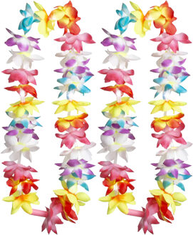 Boland Hawaii krans/slinger - 2x - Met LED lichtjes - Tropische/zomerse kleuren mix - Bloemen hals slingers